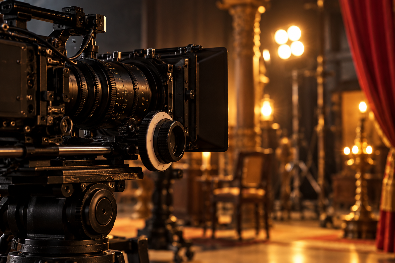 Cinema camera on a warmly lit film set