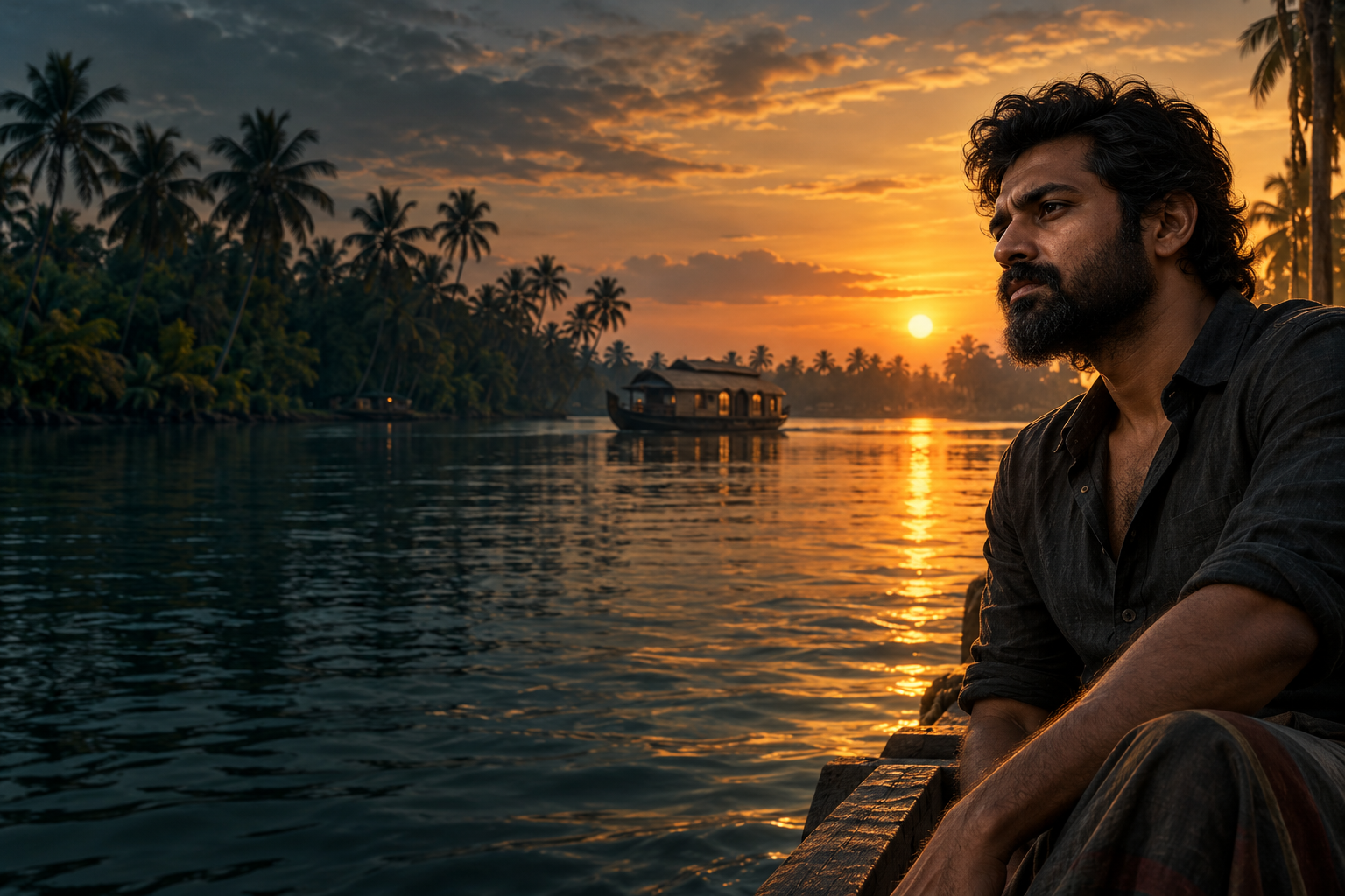 Illustrative cinematic scene beside Kerala backwaters at sunset