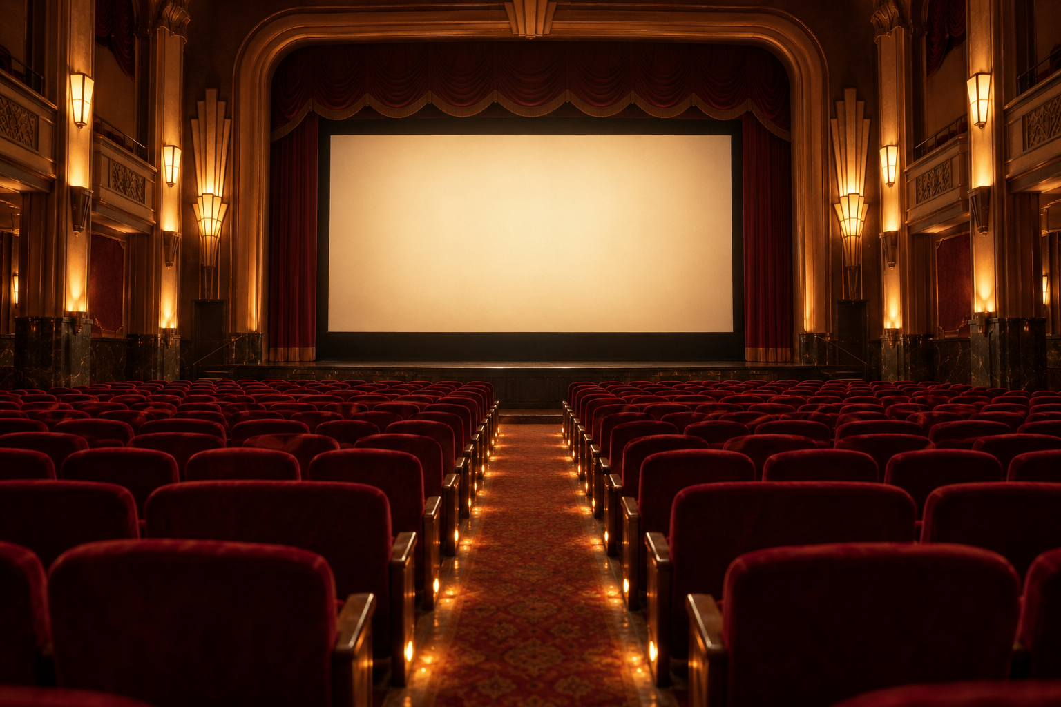 An empty cinema auditorium with warm lights